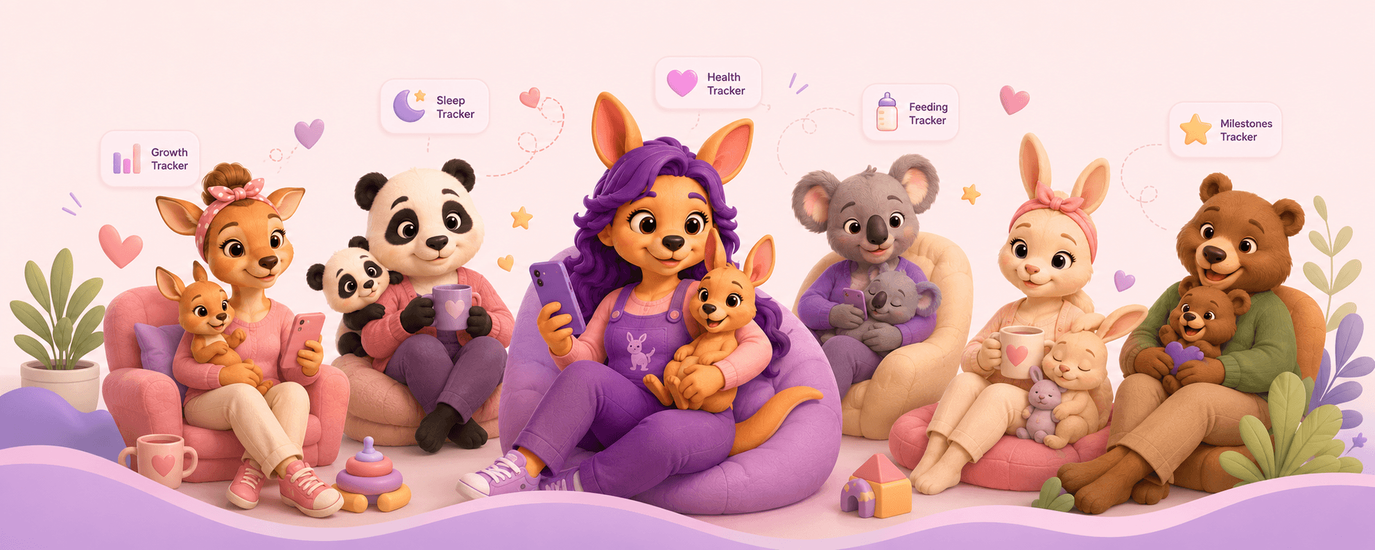 Moms of every kind — kangaroo, panda, koala, bunny, and bear — holding their babies, each with their trackers