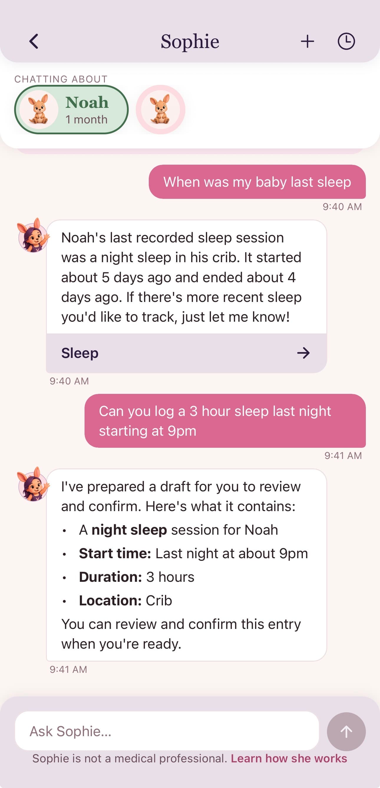 Chatting with Sophie about your baby in the app