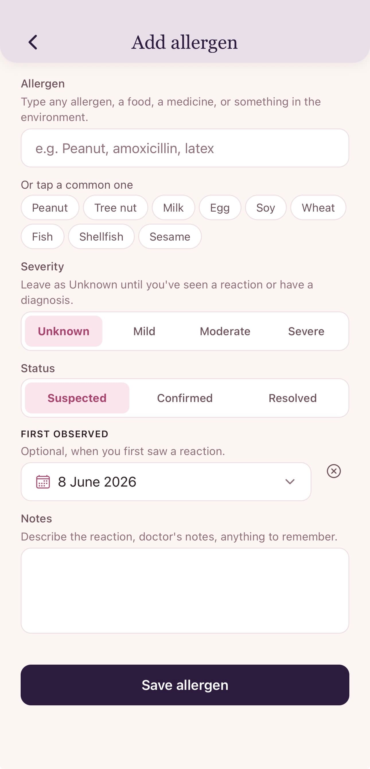 Allergies — First-observed date and notes