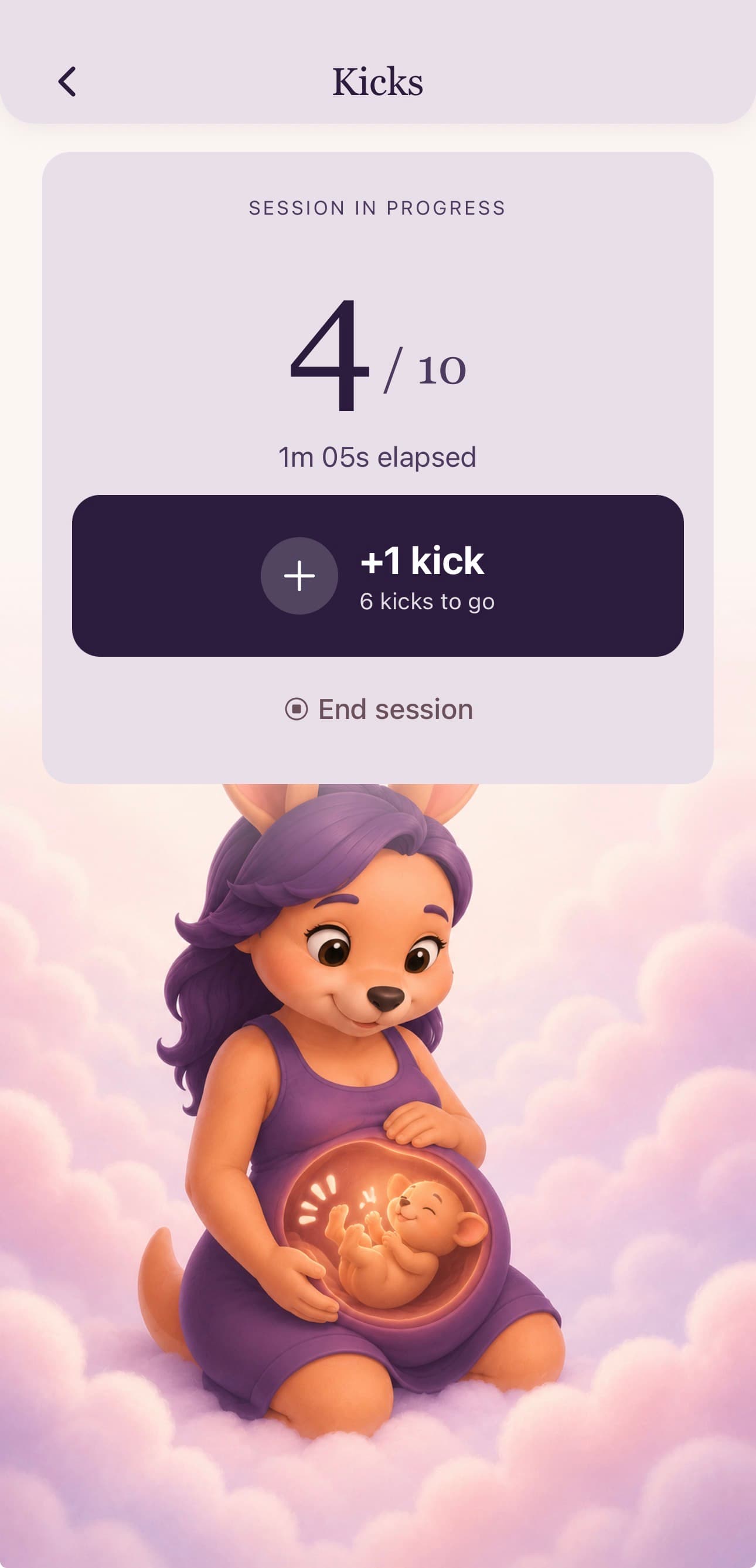 Kicks — Session timer + 10-kick milestone