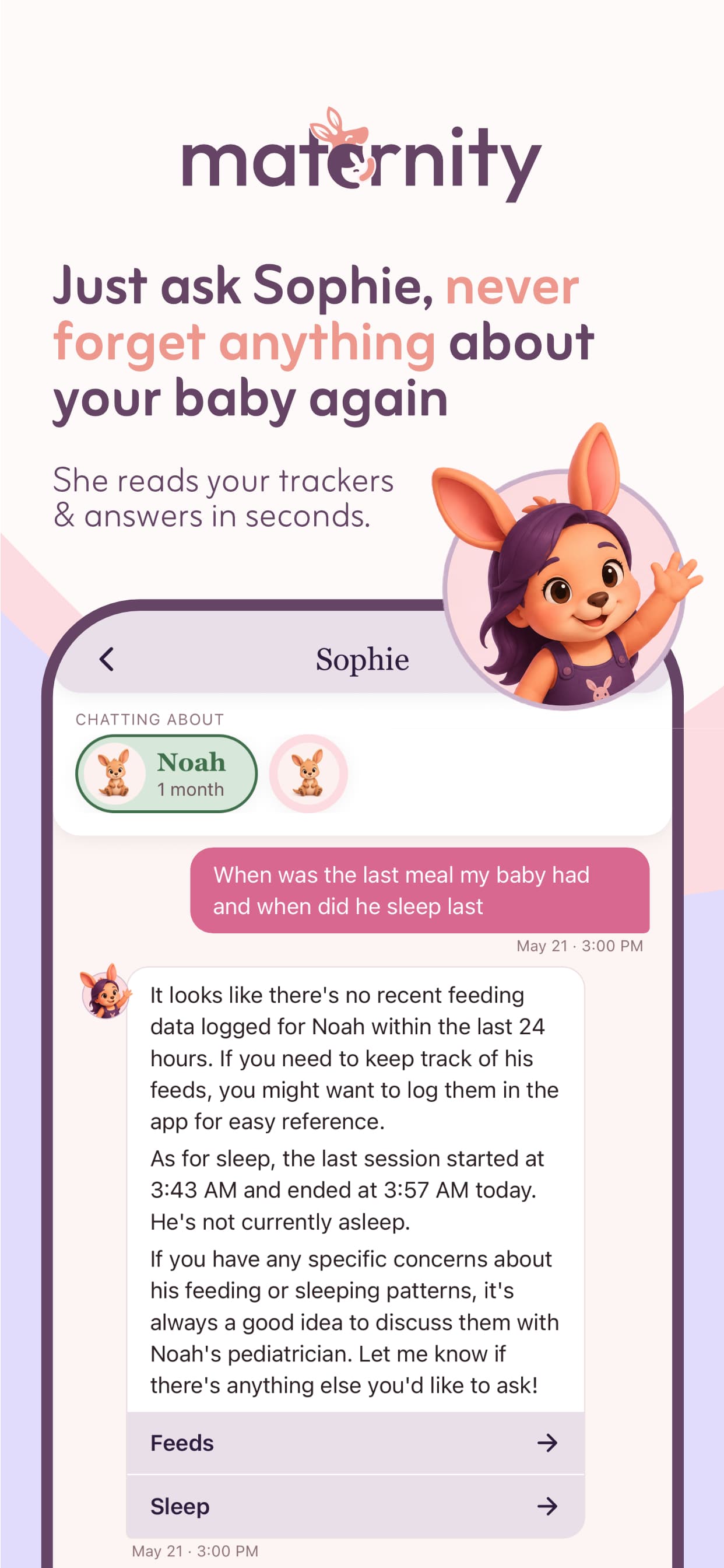 Sophie, the AI mom-coach, reading your trackers and answering in seconds