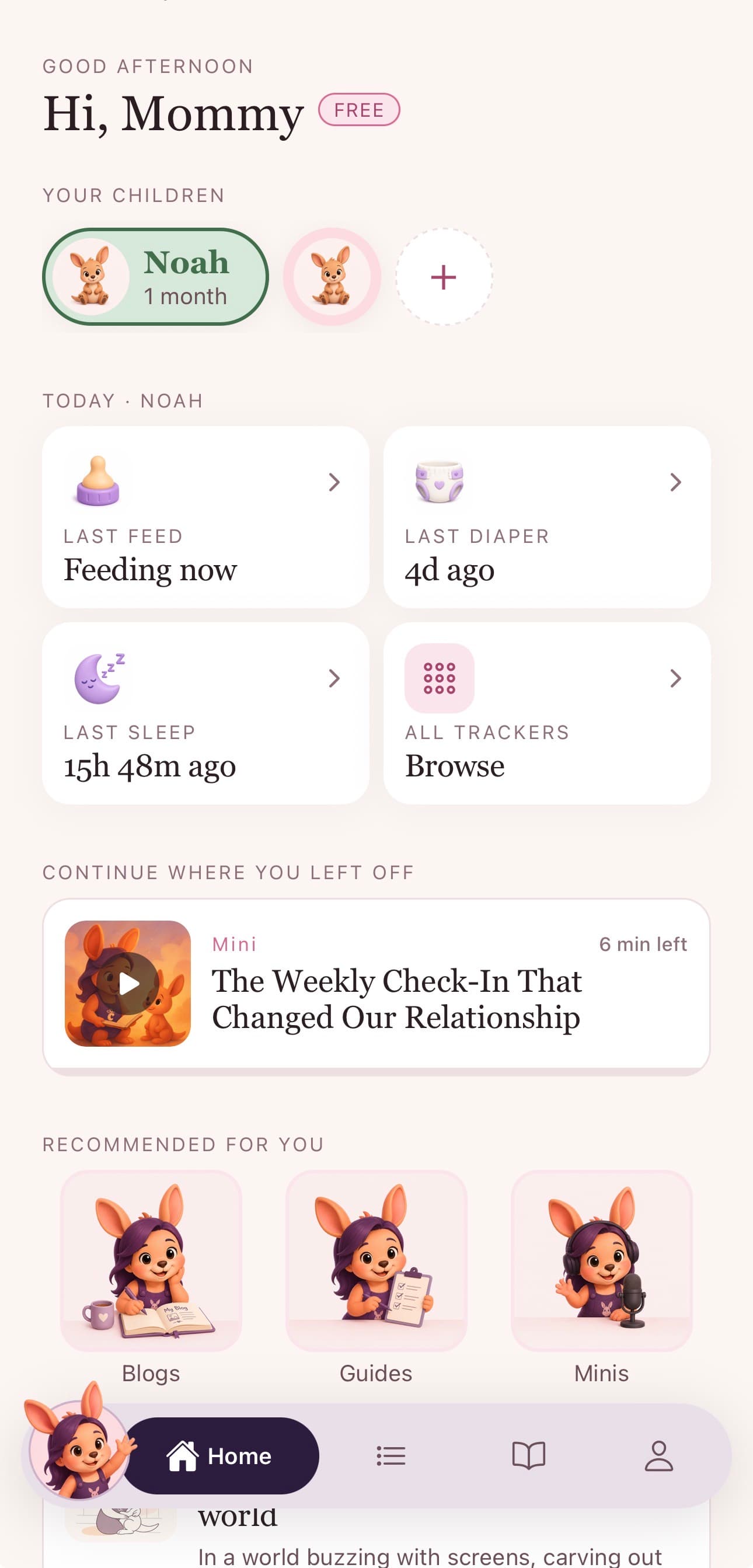 The Maternity home screen with today's feeds, diapers, and sleep at a glance